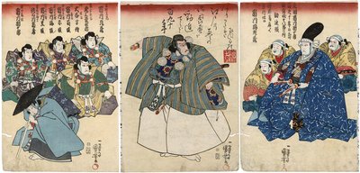 Acteurs in Kanjincho: Ichikawa Kuzo II als Togashi no Saemon R, Ichikawa Ebizo V als Musashibo Benkei C, Ichikawa Danjuro VIII als Minamoto no Yoshitsune L door Utagawa Kuniyoshi